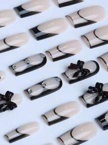 24 piezas de uñas postizas acrílicas de estilo ballet negro con brillo y piedras rhinestone, de longitud media y forma cuadrada, de cobertura completa, con pegamento de gelatina y 1 pieza de tiras de frotamiento, accesorios esenciales para fiestas