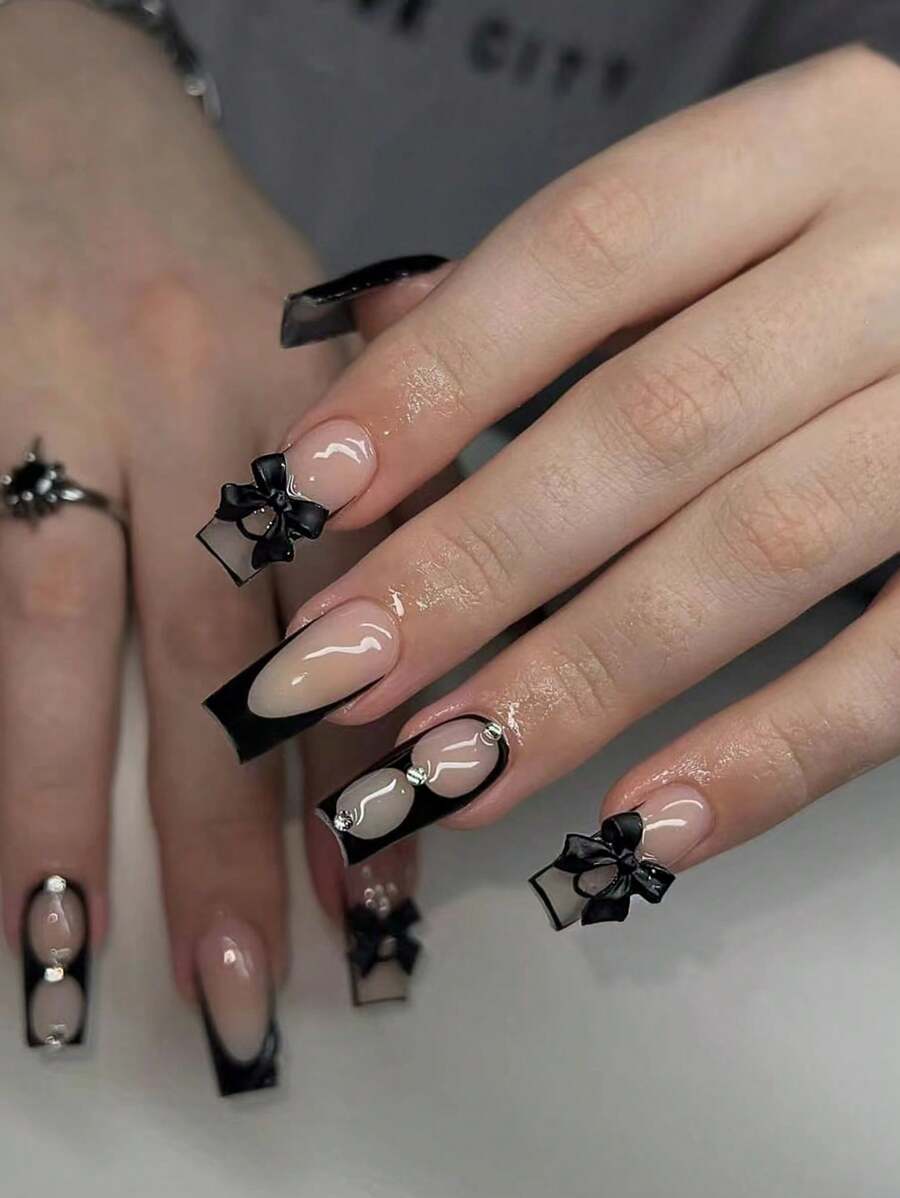 24 piezas de uñas postizas acrílicas de estilo ballet negro con brillo y piedras rhinestone, de longitud media y forma cuadrada, de cobertura completa, con pegamento de gelatina y 1 pieza de tiras de frotamiento, accesorios esenciales para fiestas