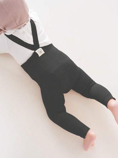 1 件春秋季四季可调节肩带紧身裤，适合新生儿简约条纹和纯色中性七分裤，婴儿幼儿紧身裤袜