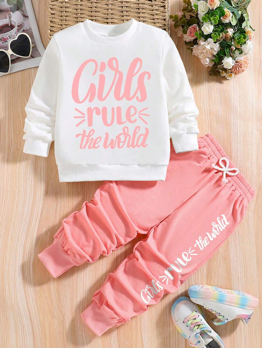 Young Girl Letter Printed Crew Neck Sweatshirt And Pants Set - White - View 1