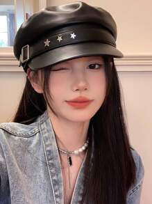 1 件女士 PU 皮革平顶帽，带星星装饰，秋冬，英国复古百搭海军蓝/贝雷帽，适合日常使用街头万圣节 - 黑色 - 查看 3