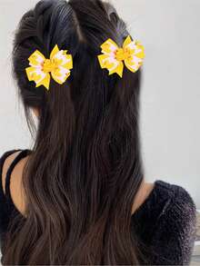 2 piezas Lazos para el cabello de pato amarillo para niñas, moño de cinta gro de doble capa con estampado de pato, pinzas de cocodrilo con cola de golondrina, hermosos pasadores de moño con estampado de pato amarillo pequeño, accesorios para el cabello de moda de pato amarillo pequeño y lindo - Amarillo - Ver 2