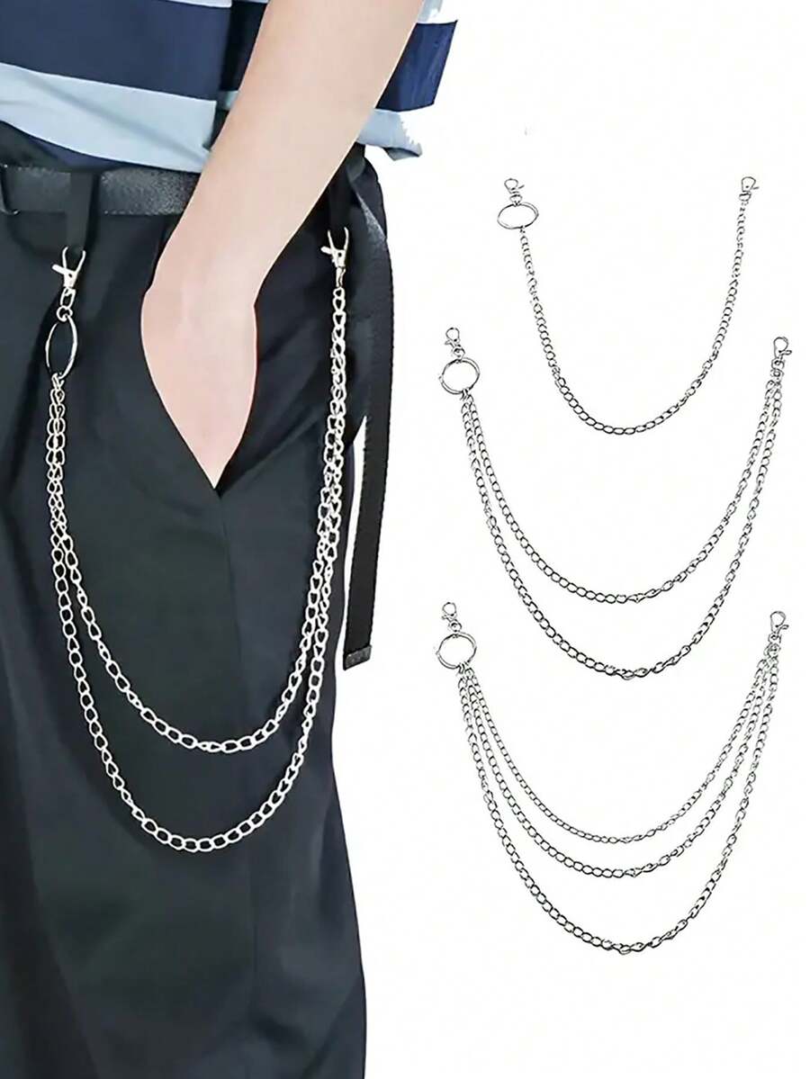 3 件男女通用朋克哥特式多层金属链腰带，嘻哈牛仔裤链，理想礼物 - 銀色 - 查看 1