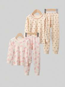 4 件套年轻女孩睡衣套装，花领，水果印花，长袖上衣和裤子，秋冬