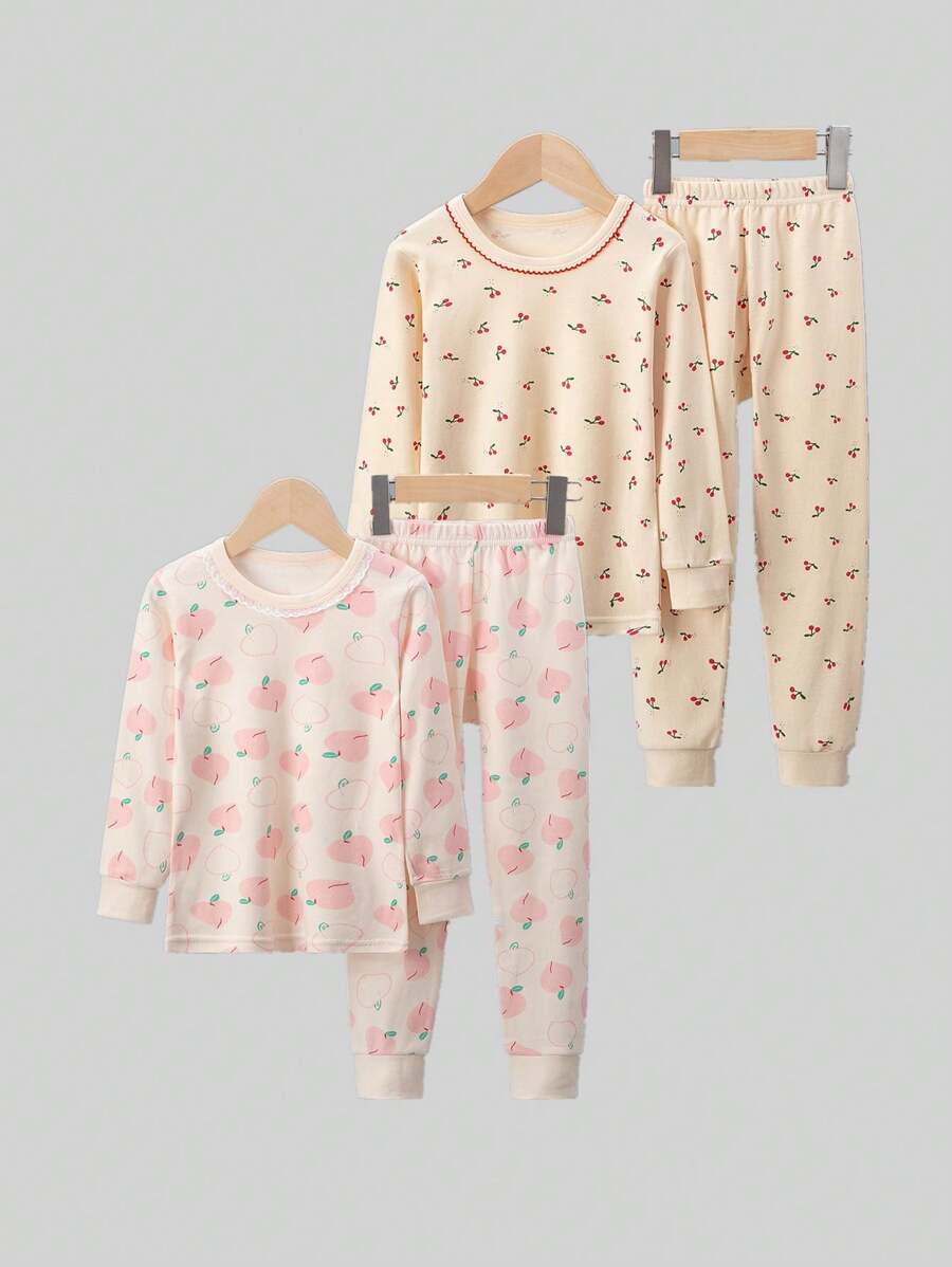 4 件套年轻女孩睡衣套装，花领，水果印花，长袖上衣和裤子，秋冬