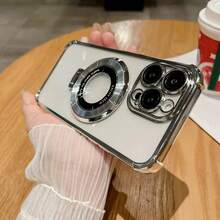 1pc Shiny Stand Magsafe Compatible Charger, Fashion Electroplated Four-Corner Anti-Drop TPU Soft Protective Phone Case, Compatible With Iphone 16 15 14 13 12 11 Pro Max, Shock-Proof Phone Cover - Silver - View 3