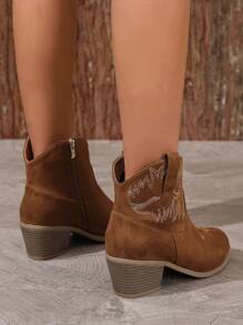 2024 New Fashion Brown Short Boots Side Zipper Embroidered, Perfect With Cardigan, Sexy Styling High Heel Ankle Boots Casual Outdoor, Match Sweater, Thick Sole Winter Boots Suitable For Women Fashion Boots With Long Dress,Boots For Women