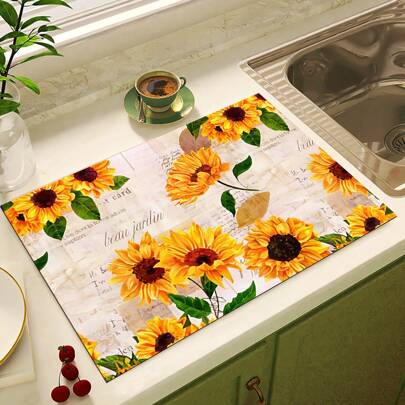 1 pezzo Tappetino asciugatura con stampa girasole, tappetino assorbente per asciugatura piano cucina, tappetino morbido in terra di diatomee antiscivolo ad asciugatura rapida per piano cucina, caffettiera, macchina del caffè espresso