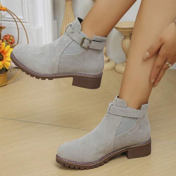 Bottes cheville pour femmes à bout rond, talon épais, style rétro, avec boucle métallique réglable et élastique