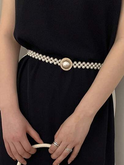 1 件仿珍珠装饰优质弹性腰带，适合日常着装搭配夏季、秋季、万圣节