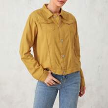 Women's Cropped Jean Jacket Long Sleeve Vintage Button Down Jeans Coat - Màu vàng - Xem 4