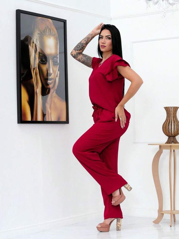 duna feminino conjunto / manga curto /com babado /com calca direto/com bolso