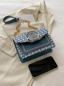 Plaid Pattern Flap Chain Square Bag - Blue - View 3