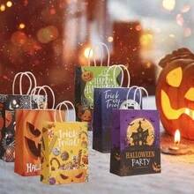 6/12 Pcs Halloween Treat Bags With Handles Kraft Paper Halloween Bags Trick Or Treat Gift Packing Bag Party Bulk Supplies - Multicolor - View 12