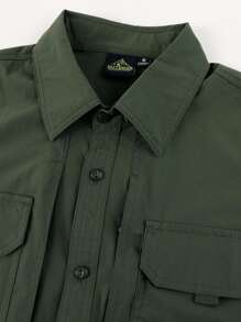 LEDUNTINO [Spring/Summer] Men's Casual Outdoor Button-Down Shirt, Solid Green, Sports, Cargo, Quick-Drying, Boyfriend Gift, Men's Long Sleeve Spring Autumn Shirt, Multi-Pocket, Elastic, Lapel Shirt With Zipper Pocket, Spring Fall Wears For Men - Army Green - View 3