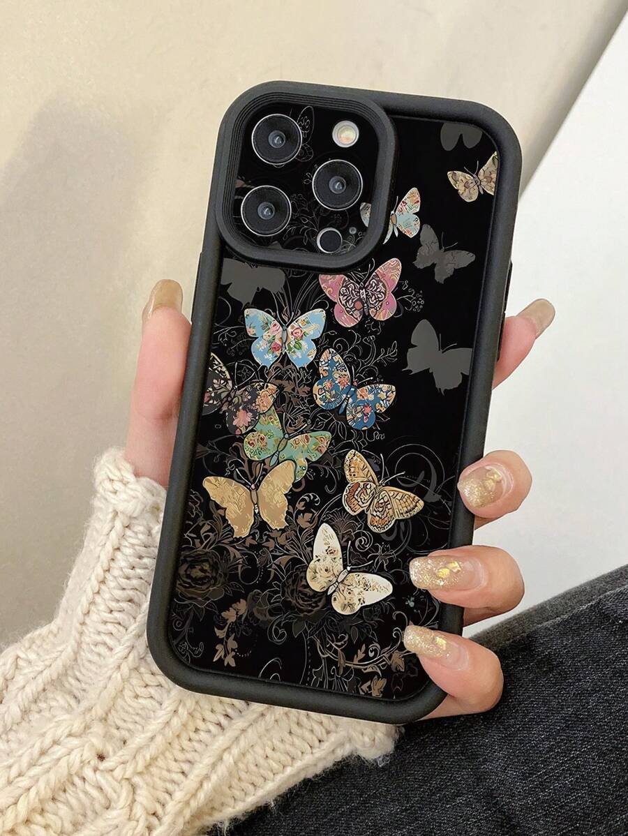 1pc Butterfly Pattern Shockproof Phone Case With Lens Protection Hole Design Compatible With Iphone 11 Pro Max/12 Pro Max/13 Pro Max/14 Pro Max/15 Pro Max, Compatible With IPhone 16 Plus/16 Pro Max, Compatible With Samsung, Compatible With Redmi, Compatible With OPPO/Compatible With Realme, Compatible With VIVO, Compatible With Infinix, Compatible With MOTO, Compatible With Itel, One Plus,International Version, Not The Domestic Version, - Black - View 1