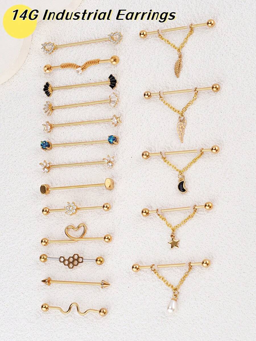 1pc Elegant New Arrivals Golden Yellow Industrial Piercing Jewelry 14G 316L Stainless Steel Flower Leaf Heart Wave Industrial Earrings 5A Stone For Women Men Chain Dangle Industrial Bar Piercing Cartilage Helix Piercing Earrings Industrial Barbell Body Piercing Jewelry For Party Daily Wear Valentines,Mom,Mother,Mother's Day,Gift - Multicolor - View 1