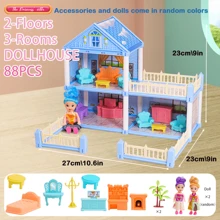 有公主、猫、狗、家具和配件的娃娃屋，适合小女孩的蓝色梦幻娃娃屋玩具。房间花园、厨房玩具、家具和配件玩具、宠物电梯和小狗游乐区、适合 4-5-6-7-8-10 岁女孩的圣诞玩具礼物（一些配件是随机颜色）