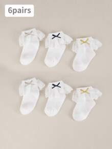 6 Pairs Cute Shiny Gold Bow Lace Trim Breathable Soft Short Socks For Girl, Back To School Academy Style, All Seasons - Multicolor - View 1