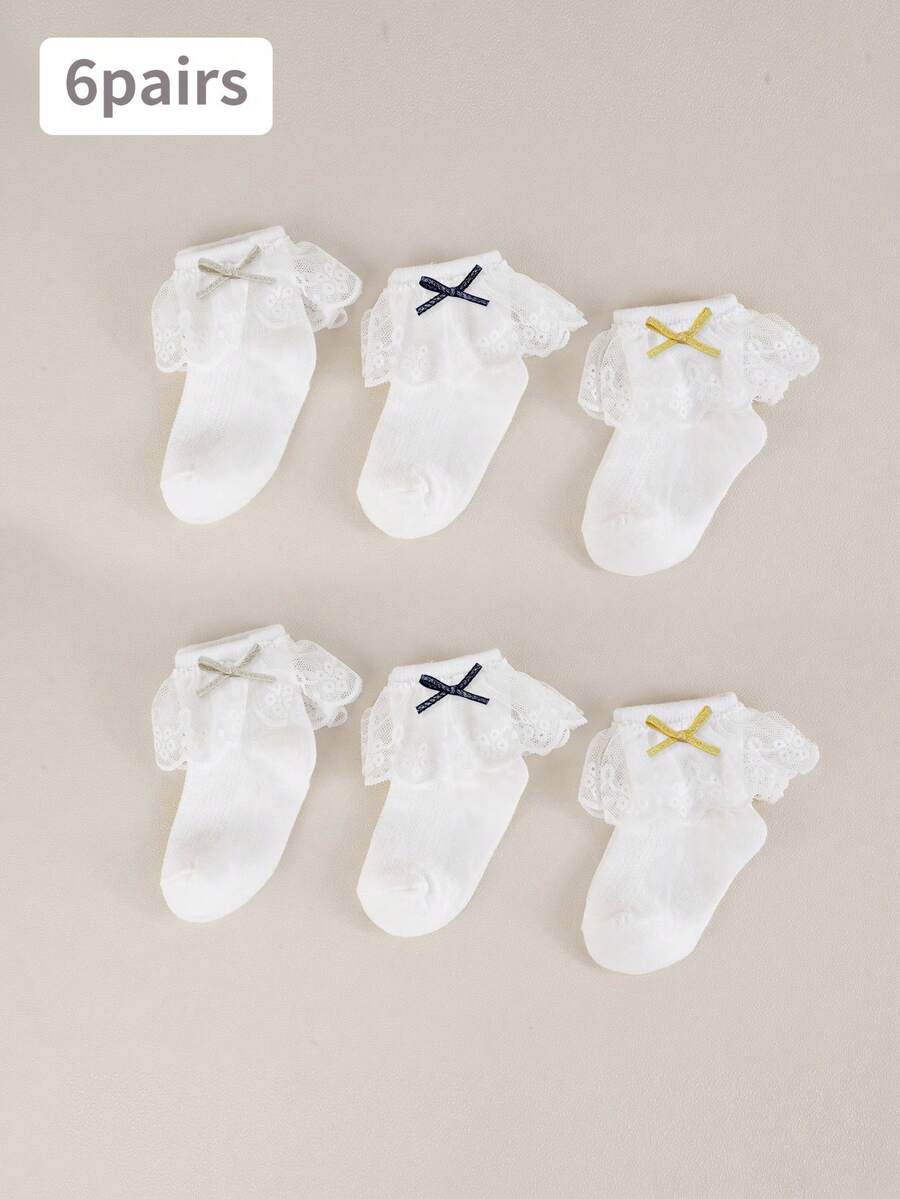 6 Pairs Cute Shiny Gold Bow Lace Trim Breathable Soft Short Socks For Girl, Back To School Academy Style, All Seasons - Multicolor - View 1