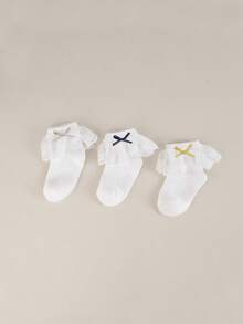 6 Pairs Cute Shiny Gold Bow Lace Trim Breathable Soft Short Socks For Girl, Back To School Academy Style, All Seasons - Multicolor - View 7