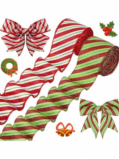 1/2卷圣诞铁丝丝带，红色条纹闪光丝带，圣诞包装麻布装饰，适用于家居派对DIY工艺蝴蝶结，2.5英寸宽，5码长，圣诞装饰，圣诞礼物装饰，家居装饰，房间装饰，冬季圣诞装饰，家居圣诞礼物，圣诞装饰