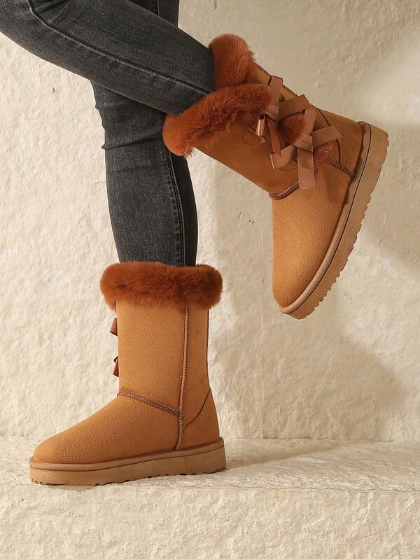 Snow Boots Women Winter Thermal Lined Thick Warm Thick Bottom Non-Slip Fashion Bow Versatile Flat Boots