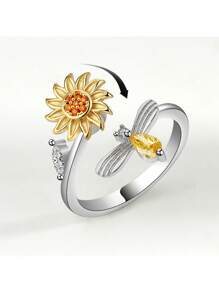 New Arrival Sunflower Rotating Silver Ring With Rhinestone, Bee Decor, Fashion Adjustable Open Ring Valentines