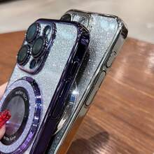1 pieza Funda de teléfono de TPU con baño electrolítico morado y protector de lente de cámara, funda protectora antichoque compatible con 15 Pro Max, 14, 13, 12, 11 - Morado - Ver 3