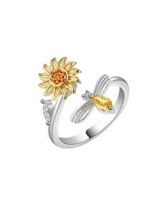 New Arrival Sunflower Rotating Silver Ring With Rhinestone, Bee Decor, Fashion Adjustable Open Ring Valentines