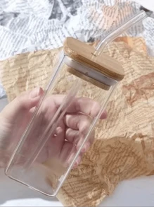 1 件 400ml 方形耐热咖啡玻璃杯带盖和吸管便携式透明奶茶果汁杯冰美式咖啡杯咖啡杯适用于家庭酒吧饮具 - 彩色 - 查看 4