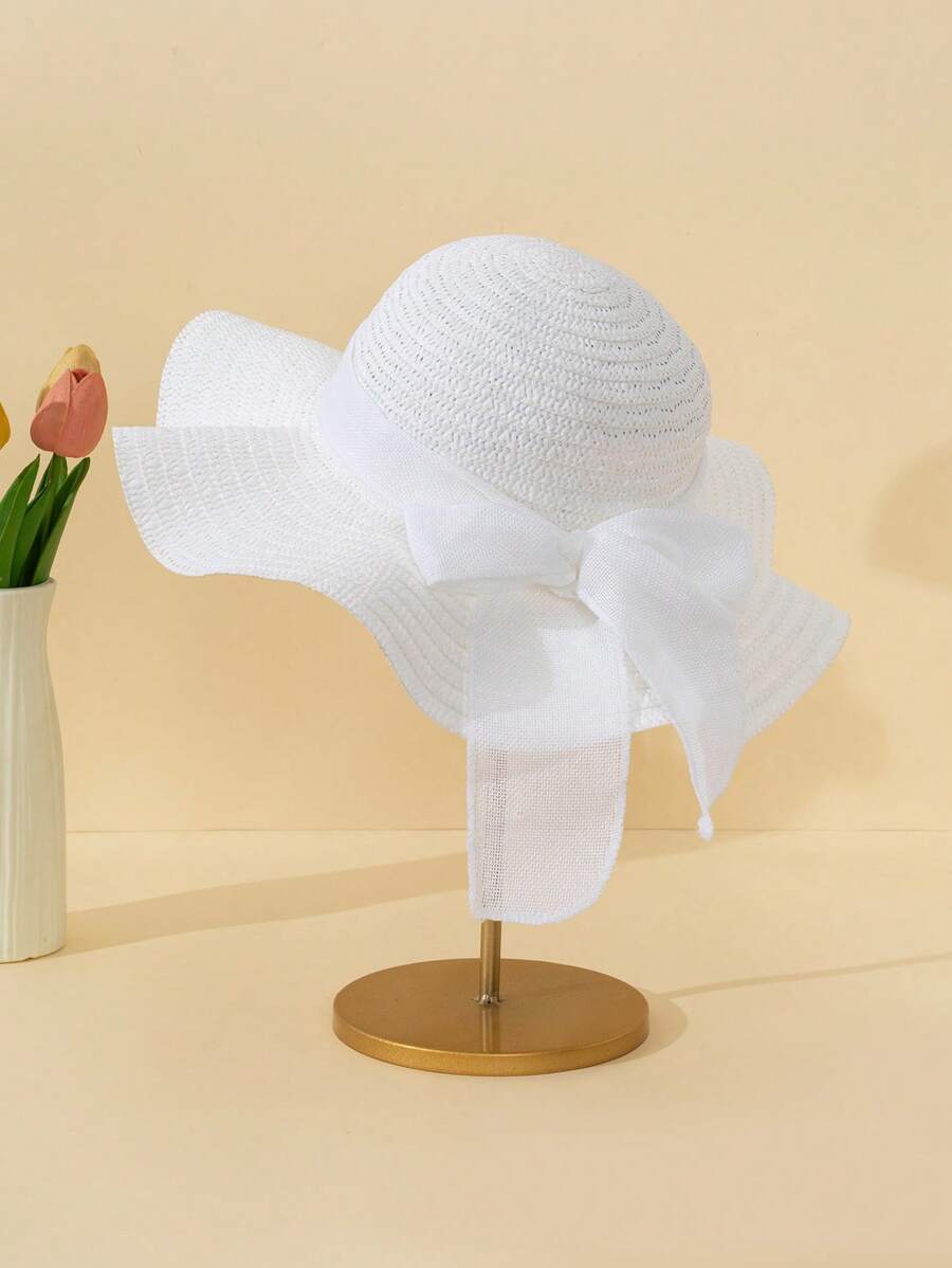 1 pieza Sombrero de paja de verano con rayas y decoración de lazo para mujer, protección UV para playa, viajes y vacaciones