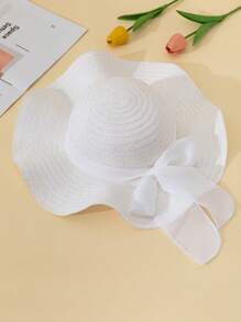 1 pieza Sombrero de paja de verano con rayas y decoración de lazo para mujer, protección UV para playa, viajes y vacaciones