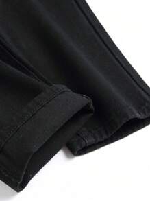 青少年男孩纽扣腰带拉链破洞设计休闲牛仔裤 - 黑色 - 查看 3