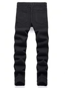 青少年男孩纽扣腰带拉链破洞设计休闲牛仔裤 - 黑色 - 查看 2