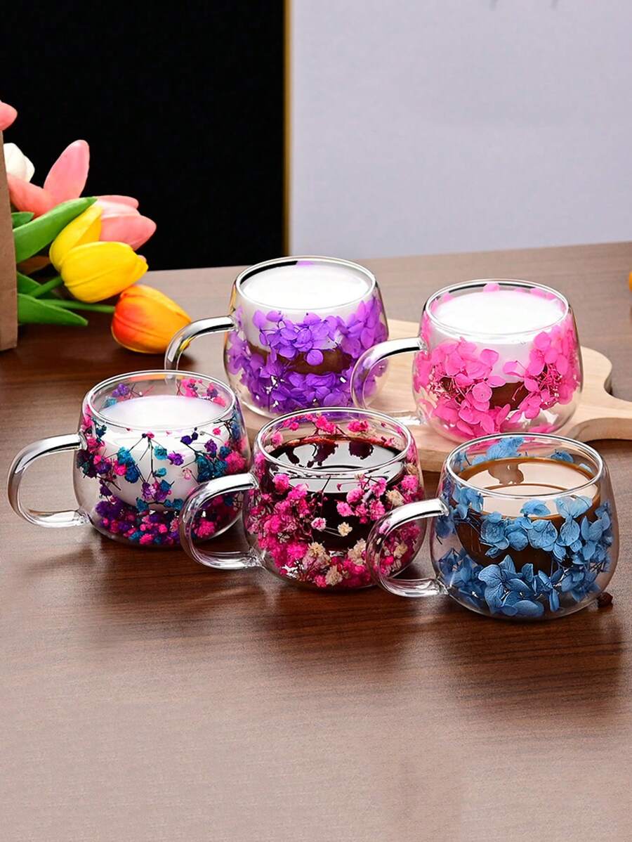 1 件真花双层玻璃杯，高硼硅简约饮具，高级礼物 - 彩色 - 查看 1