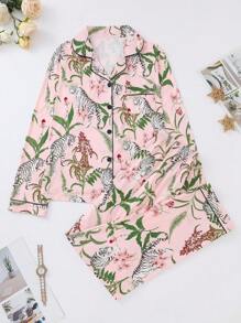 Conjunto de pijama de 2 piezas para mujer, con diseño floral y de tigre, para otoño e invierno. Incluye blusa de manga larga con solapa cómoda y pantalones holgados de cintura elástica. Conjunto casual de uso en casa o paseo, para vacaciones.
