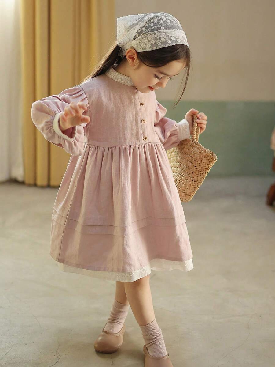 2024 Fall New Young Girl Vintage Style Floral Lace Ruffle Puff Sleeve Dress - Mauve Purple - View 1