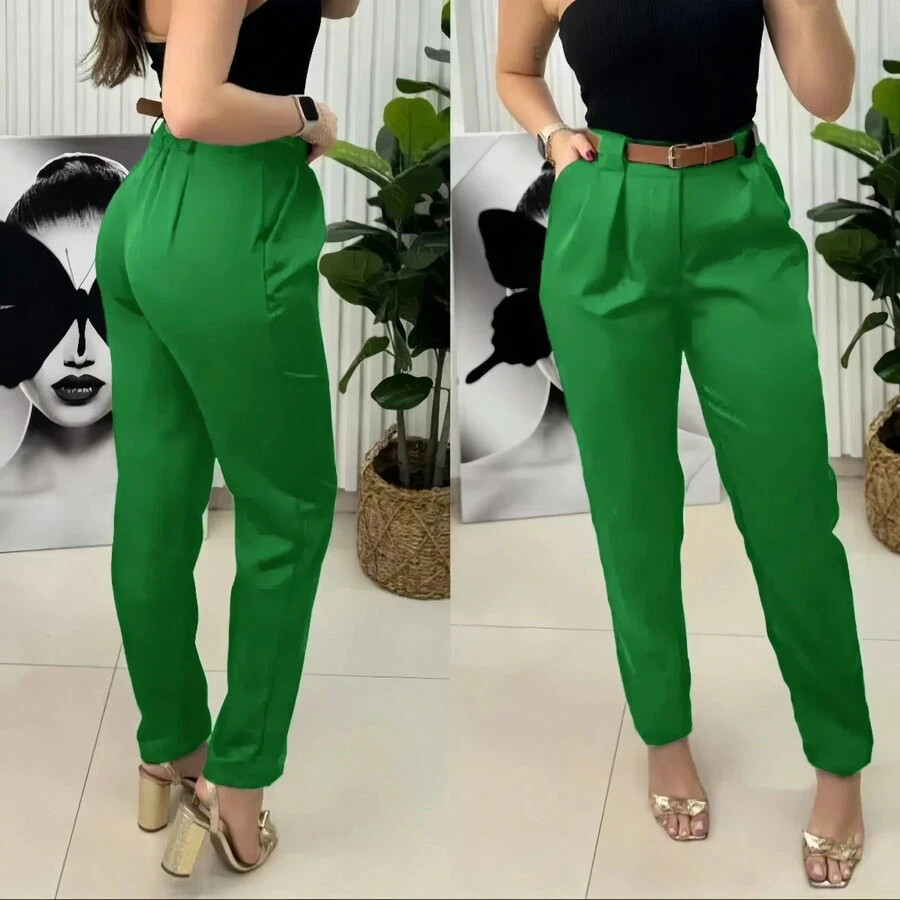 Women's Formal Tailored Trousers With Leather Belt And Pockets - 綠色 - 查看 1