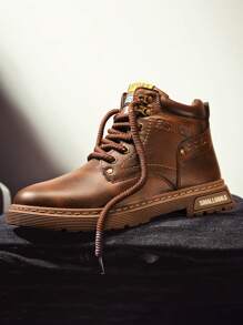 时尚搭配牛仔裤，男士高帮靴，新款秋季春季毛绒橡胶底黑色蓬松休闲中筒靴，时尚男士鞋搭配牛仔裤 - 棕色 - 查看 3