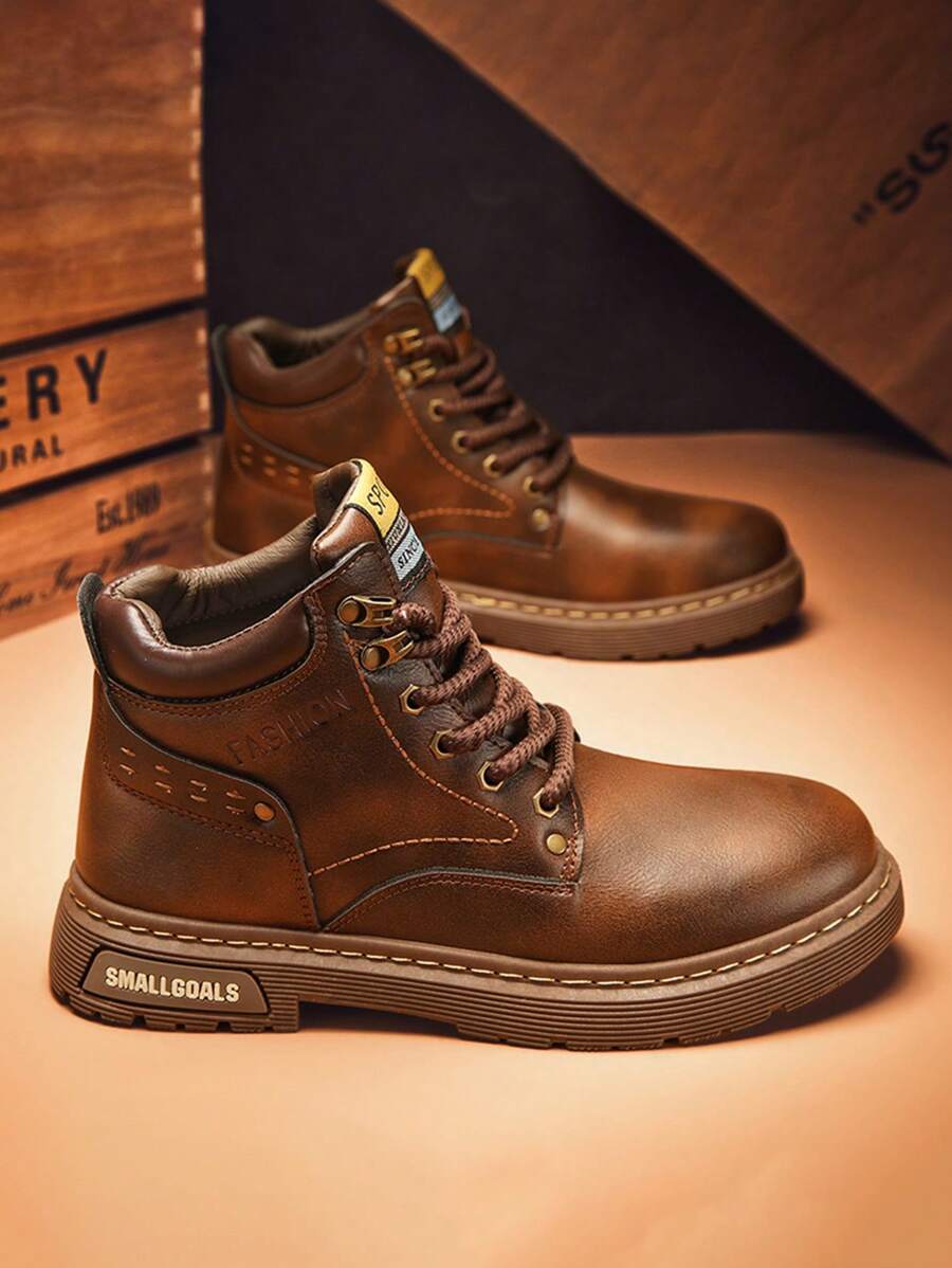 时尚搭配牛仔裤，男士高帮靴，新款秋季春季毛绒橡胶底黑色蓬松休闲中筒靴，时尚男士鞋搭配牛仔裤 - 棕色 - 查看 1