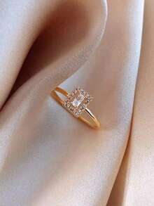 1pc Minimalistic Yet Chic Cubic Zirconia Adjustable Ring, Lightweight Copper Material, Suitable For Back To School/All Seasons - Electrophoresis Color Retention-gold-silver - View 1