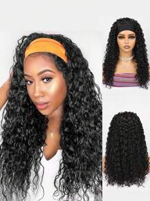 头带假发卷发，女士头带假发合成，水波头带假发，湿发和波浪假发，附有头带，无胶黑色半假发，150% 密度，适合日常使用 - Black-brown - 查看 1