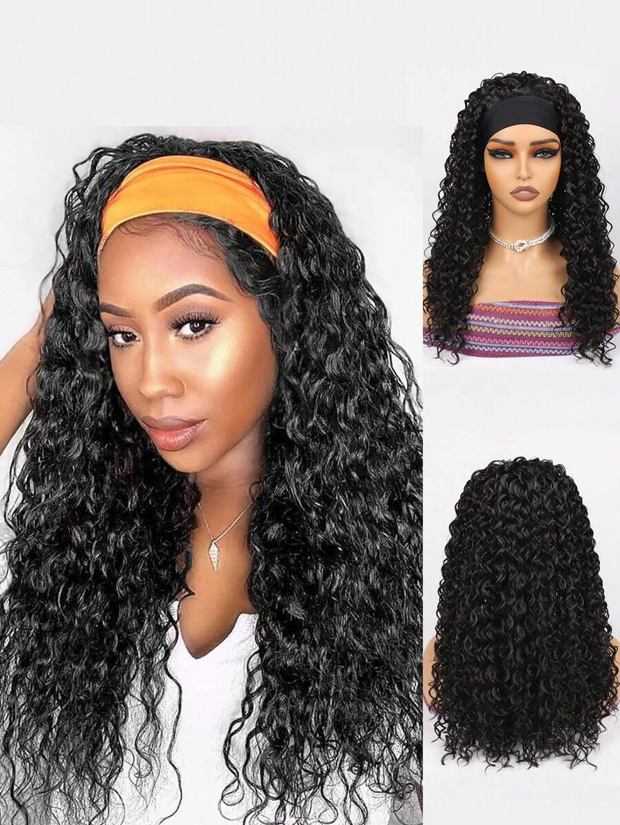 头带假发卷发，女士头带假发合成，水波头带假发，湿发和波浪假发，附有头带，无胶黑色半假发，150% 密度，适合日常使用 - Black-brown - 查看 1