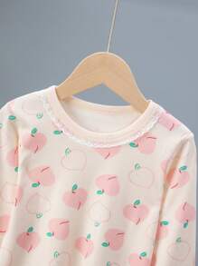 4 件套年轻女孩睡衣套装，花领，水果印花，长袖上衣和裤子，秋冬