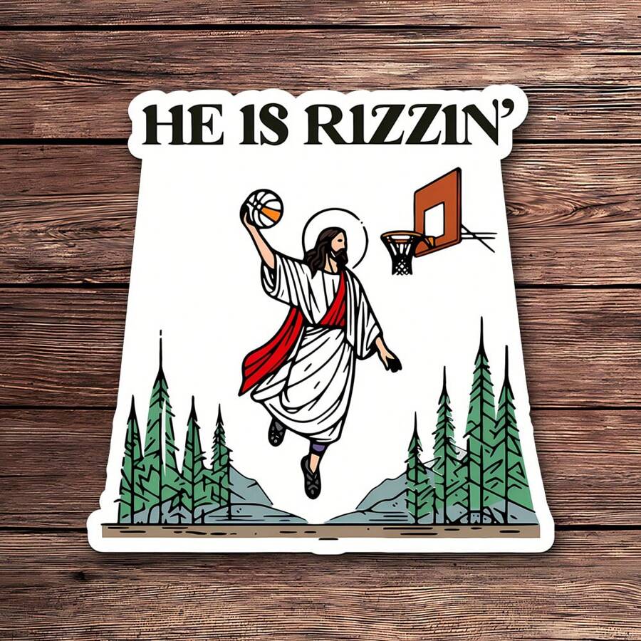 1 张 He Is Rizzin' 贴纸 | 搞笑复活节耶稣打篮球表情包贴纸 | 基督教信仰和幽默贴纸 | 非常适合笔记本电脑、水瓶和礼物 | 有趣的 Z 世代复活节贴纸 - 彩色 - 查看 1