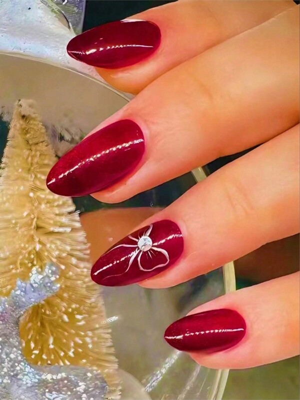 24pcs French Rhinestone Nail Stickers, Fashionable Bow Design, Easy To Use, Suitable For Women And Girls, Includes 1pc Jelly Gel & 1pc Nail File