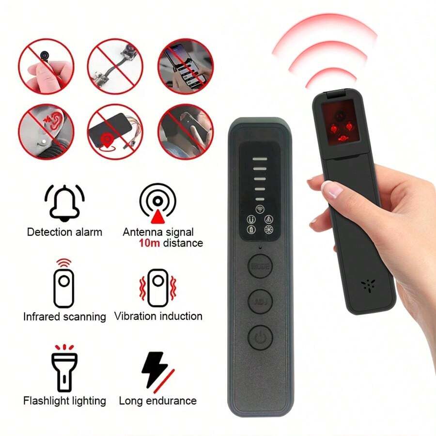 Máy dò camera ẩn mới, Máy dò theo dõi GPS, Tìm kiếm thiết bị nghe lén không dây trong ô tô, phòng tắm, văn phòng và khách sạn, Báo rung ... Chỉ có chức năng cảm biến hồng ngoại, không có chức năng truyền tín hiệu không dây Thời gian làm việc 25 giờ. - màu đen - Xem 1