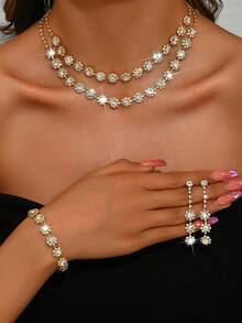 1 Bộ trang sức thời trang tối giản pha lê toàn bộ - Dây chuyền, Hoa tai, Vòng tay - Thích hợp để đeo hàng ngày và dự tiệc - Bộ trang sức hoa nhỏ - Xem 12