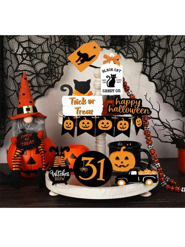 13pcs Halloween Layered Tray Decor Set (Wood Thickness: 0.2 Inch), Halloween Farmhouse Decor, Happy Halloween Wooden Signs, Farmhouse Country Tiered Tray Decorations, Home Tabletop Accents (Tray Not Included)